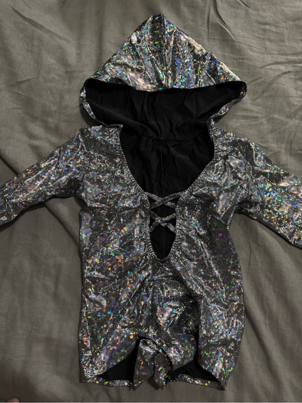 Holographic Silver Hooded Lace-Up Romper
